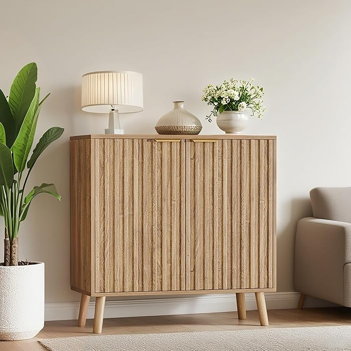 Pamapic Fluted Storage Cabinet, Sideboard Buffet with Doors and Shelf, Wooden Console Table & Cre... | Amazon (US)