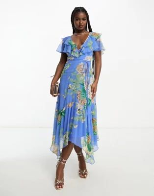ASOS DESIGN v front v back ruffle midi dress with flutter sleeve and tie belt in blue floral prin... | ASOS (Global)
