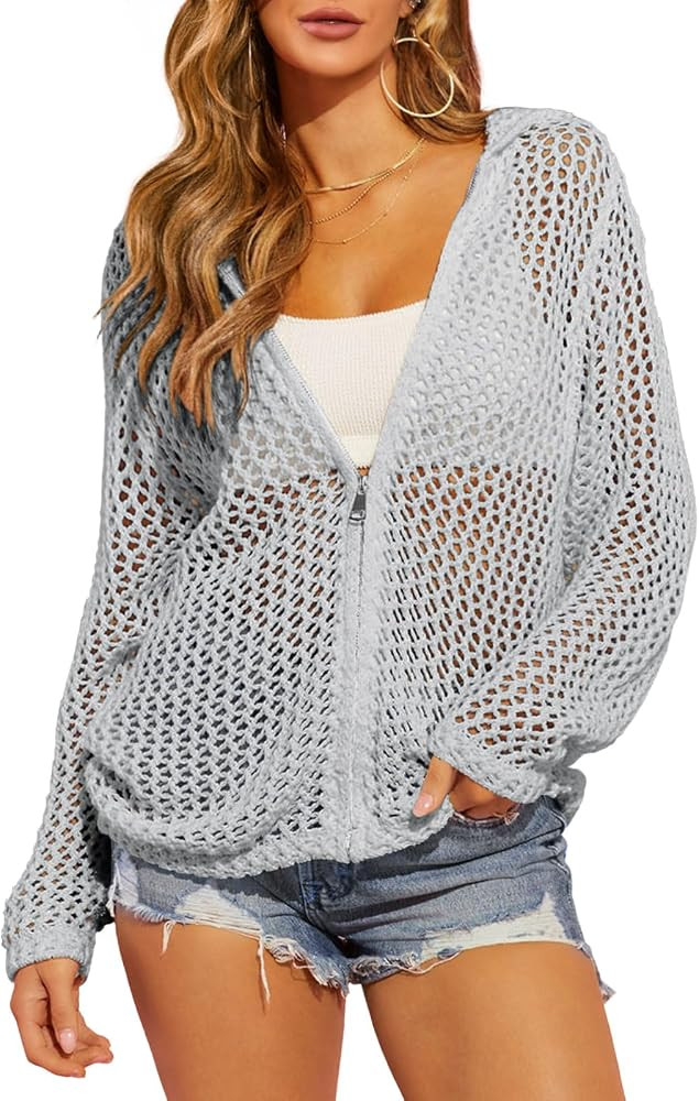 Saodimallsu Womens Crochet Lightweight Cardigans Zip Up Hooded Long Sleeve Knit Sweaters Mesh Bea... | Amazon (US)