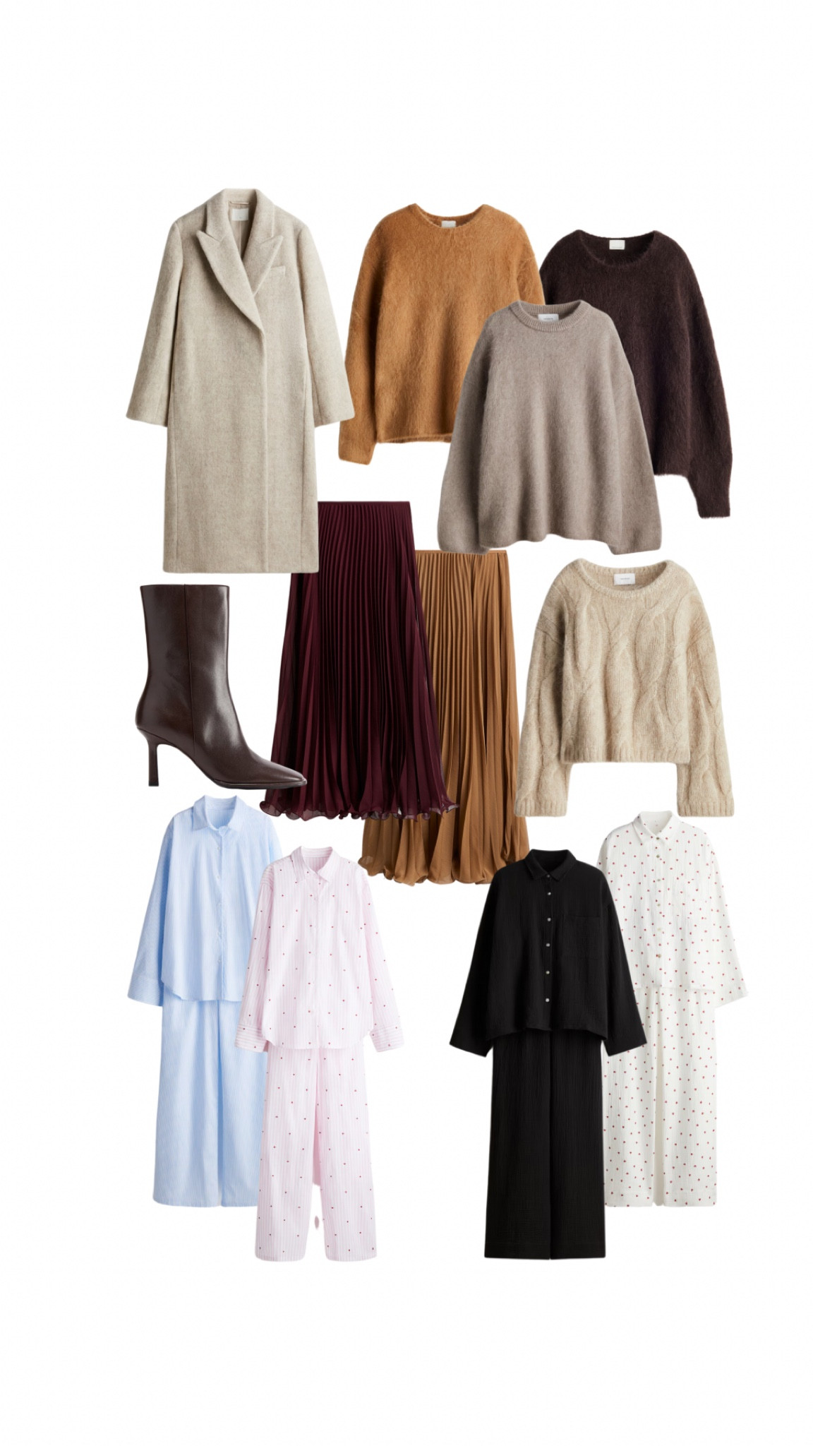 h&m, new in, investment pieces, wool jumper, wool coat, mohair, muslin pyjamas, cotton pyjamas, leather boots, sheer pleated skirt, cable knit wool jumper 

#LTKSeasonal #LTKstyletip