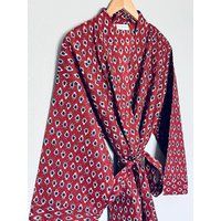 Brick Red Cotton Hand Block Printed, Kimono, Robe, Beach Coverup, Pajamas, Bath Robe, Lightweight Ki | Etsy (US)