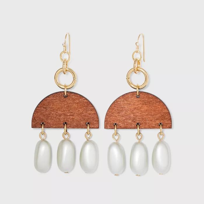 Semi-Circle Wood and Glass Pearl Drop Earrings - A New Day&#8482; Gold | Target