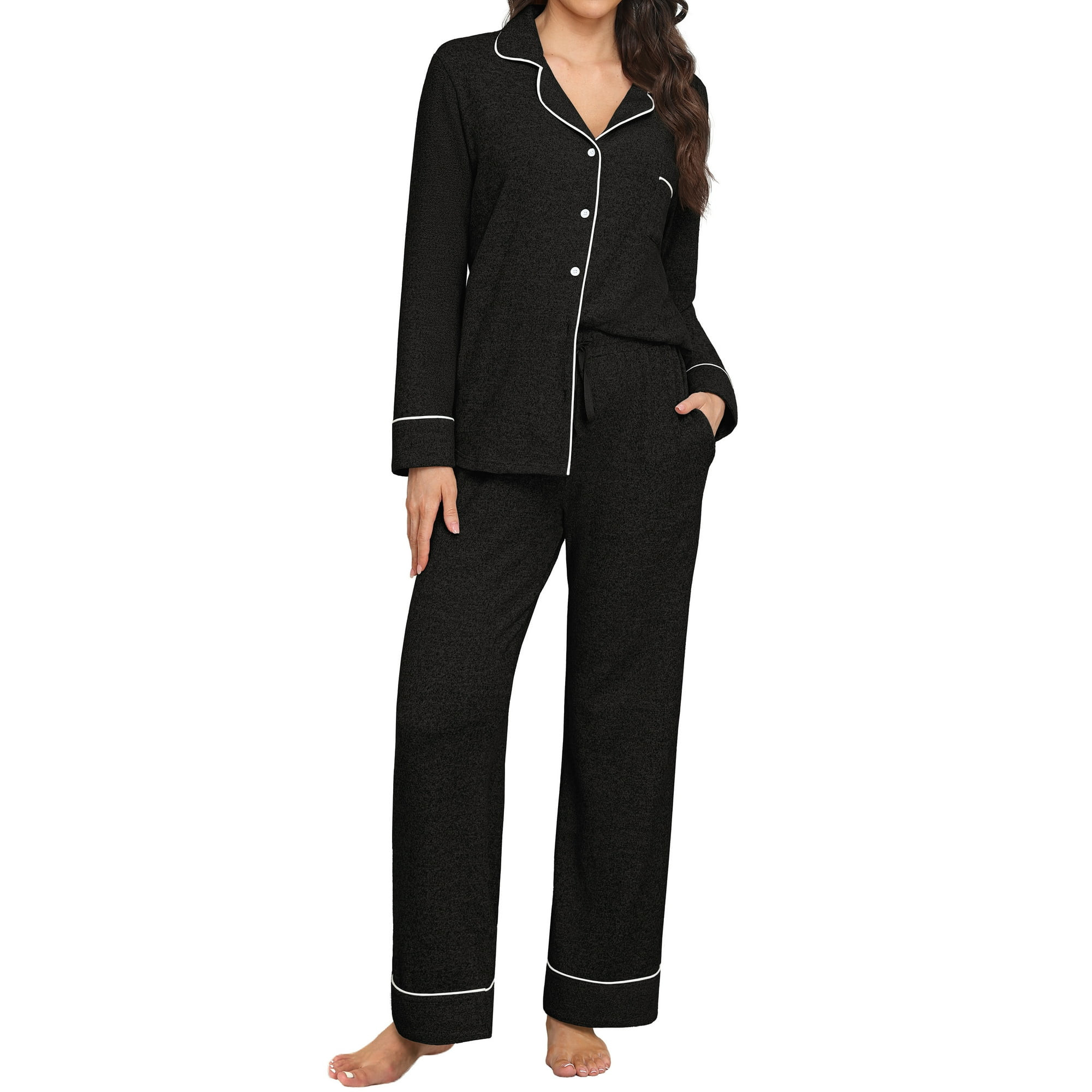 MINTREUS Women's Pajama Sets Knit Long Sleeve Button Down Pjs Soft Sleepwear Lounge Sets with Poc... | Walmart (US)