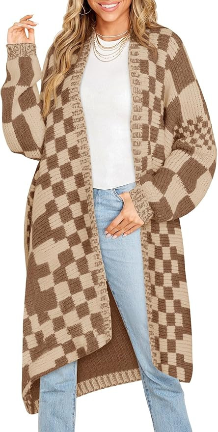 Saodimallsu Womens Checkered Long Cardigans Chunky Oversized Open Front Batwing Sleeve Color Bloc... | Amazon (US)