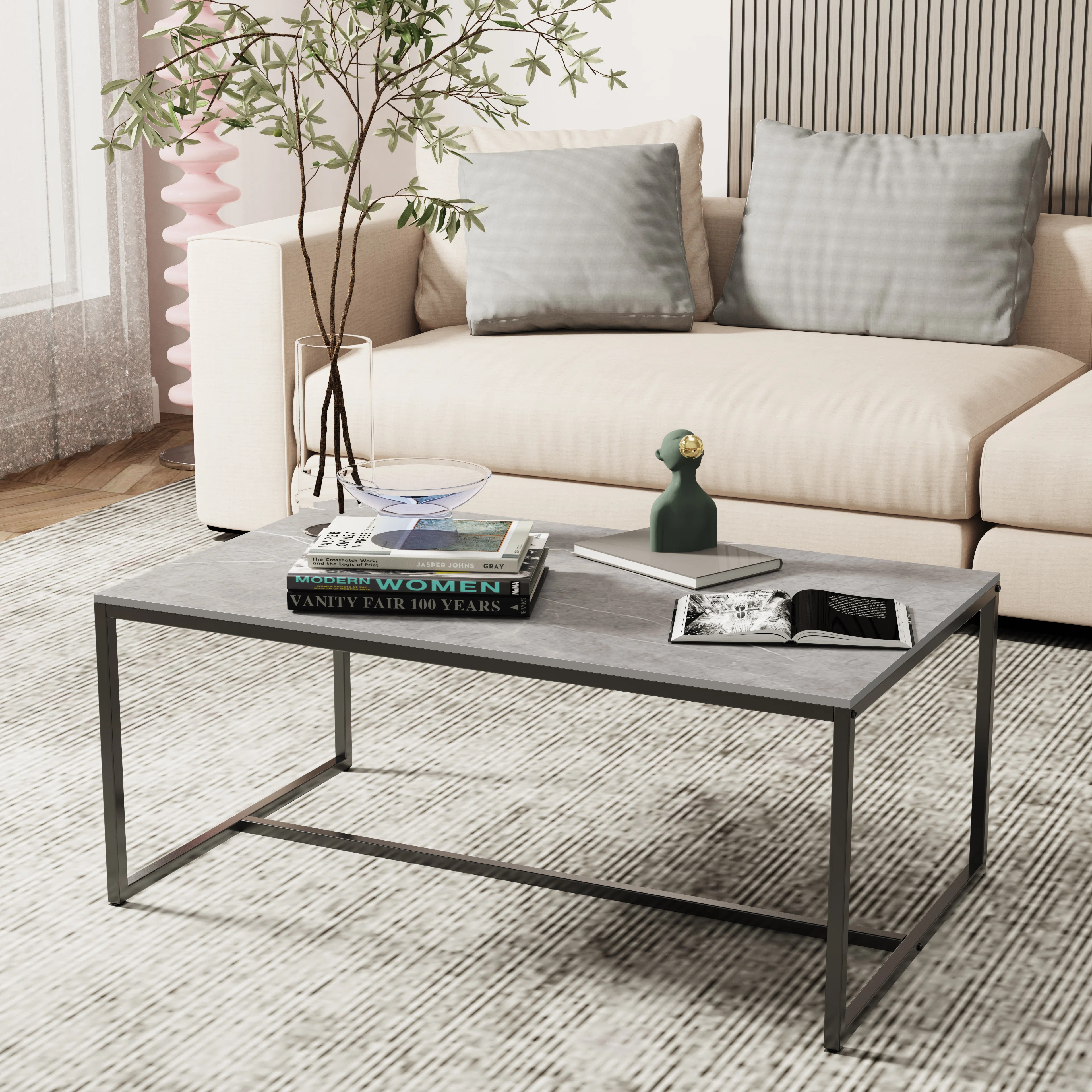 Marble Coffee Table Rectangle Sintered Stone Top Side End Table With Metal Frame | Wayfair UK