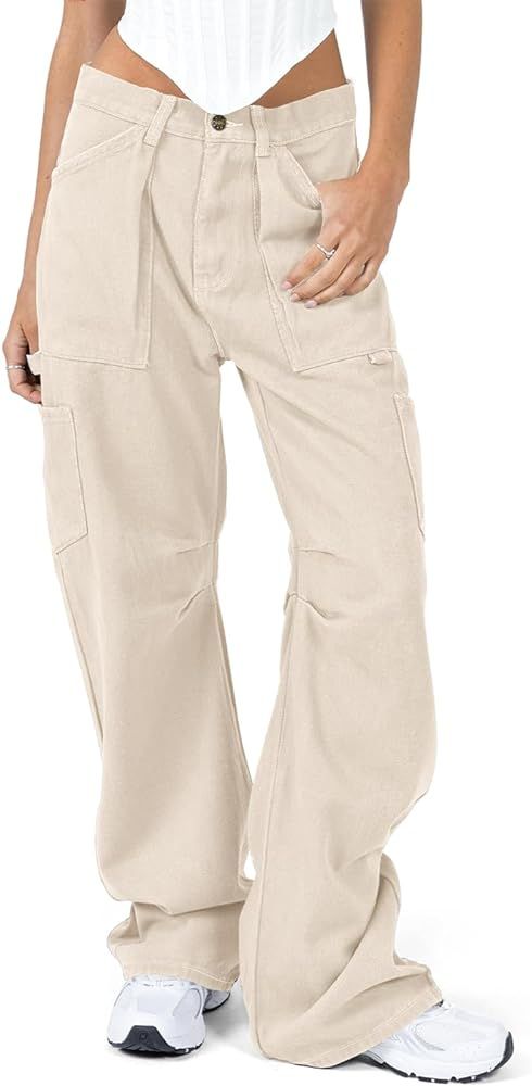 Darong Women's Cargo Pants Straight Wide Leg Casual Pants Trouser Y2K Pants with 6 Pockets | Amazon (US)