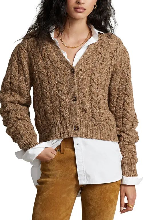 Polo Ralph Lauren Cable Wool Blend Crop Cardigan in Camel Donegal at Nordstrom, Size Xx-Large | Nordstrom