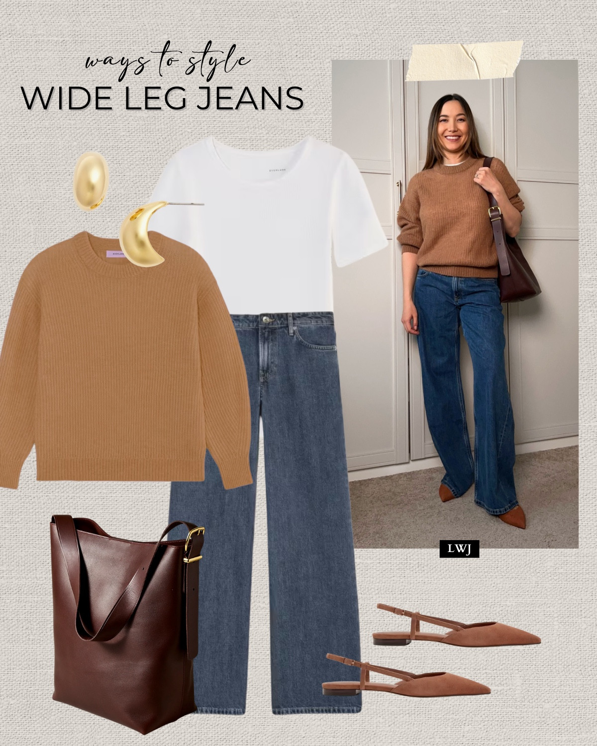 Styling wide leg jeans for spring 

Knit sweater 
Tee 
Low rise jeans 
Tote bag 
Slingbacks 

#LTKSeasonal #LTKStyleTip