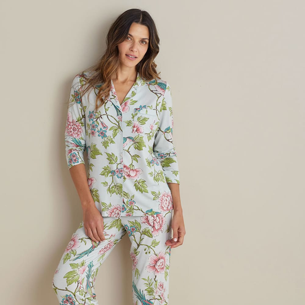 TENCEL™ Modal Jersey Knit Long-Sleeve Button-Down PJ Pants Set - Spring Birds, M | The Company Store