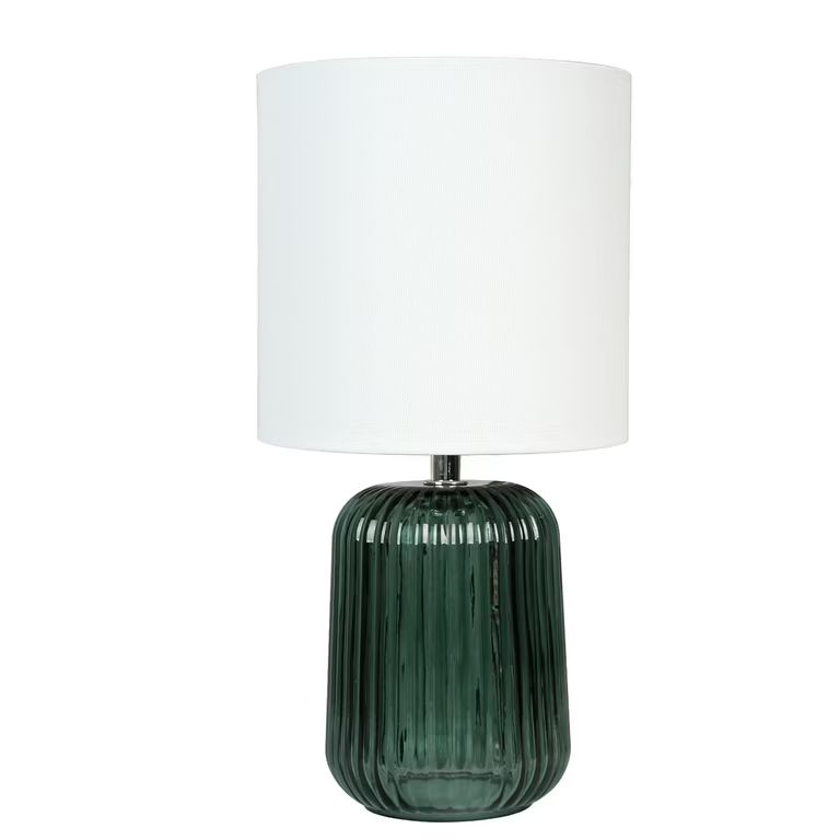 Mainstays 12.75"H Mini Green Glass Stripe Table Lamp with White Lamp Shade | Walmart (US)