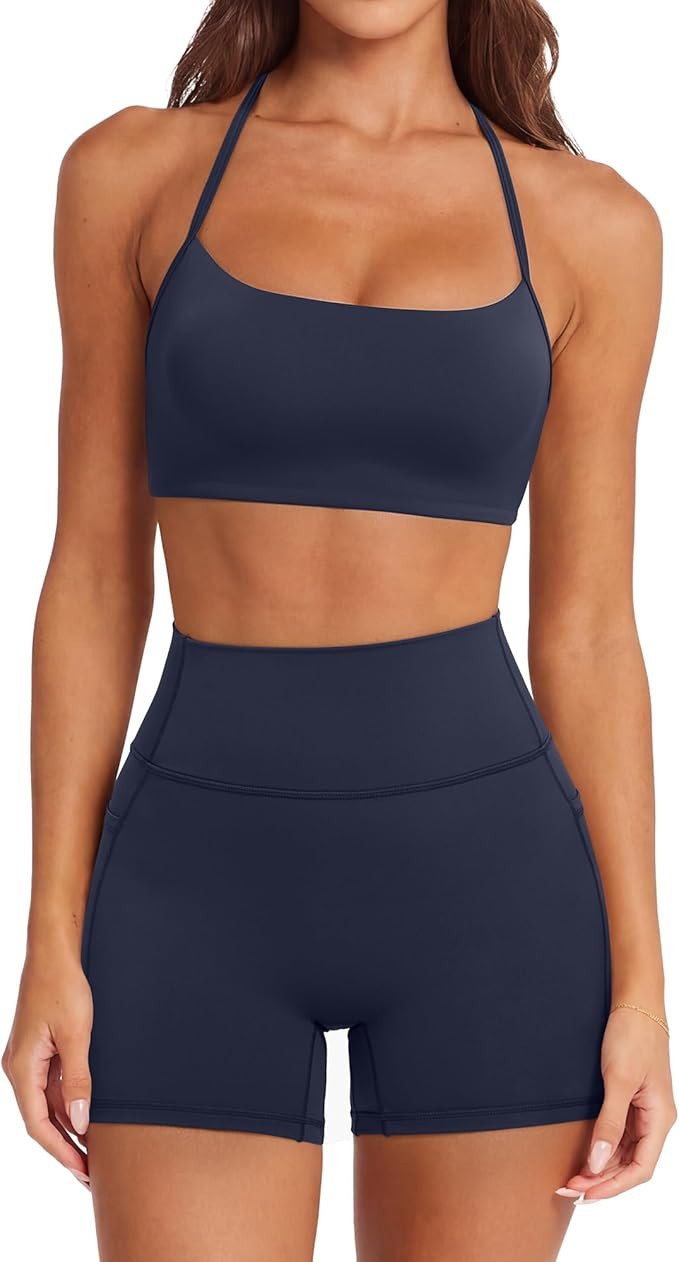 SUUKSESS Women 2 Piece Workout Sets Padded Halter Sports Bras High Waisted Biker Shorts with Pock... | Amazon (US)