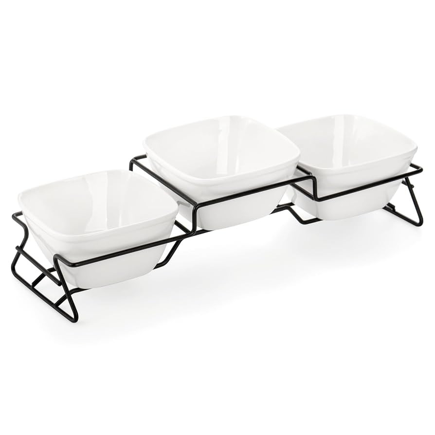 ZENFUN 10 oz Square Bowl Chip & Dip Serving Set, Pocelain Ramekin Bowls with Metal Rack Stand, Wh... | Amazon (US)