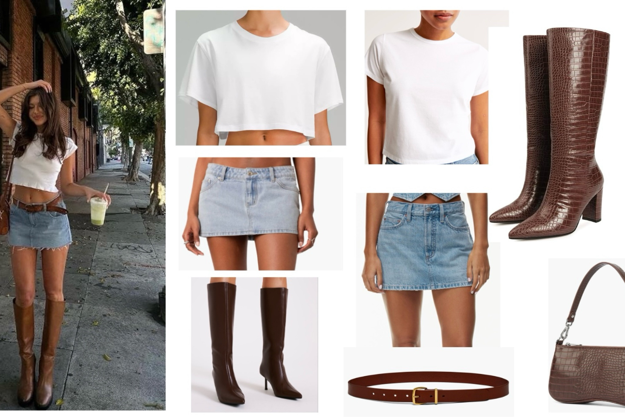 Obsessed with this mini denim skirt paired with a plain t-shirt with brown accessories to tie it all together! Brown belt + brown knee high boots + brown purse! 

#LTKstyletip #LTKfindsunder100 #LTKSeasonal