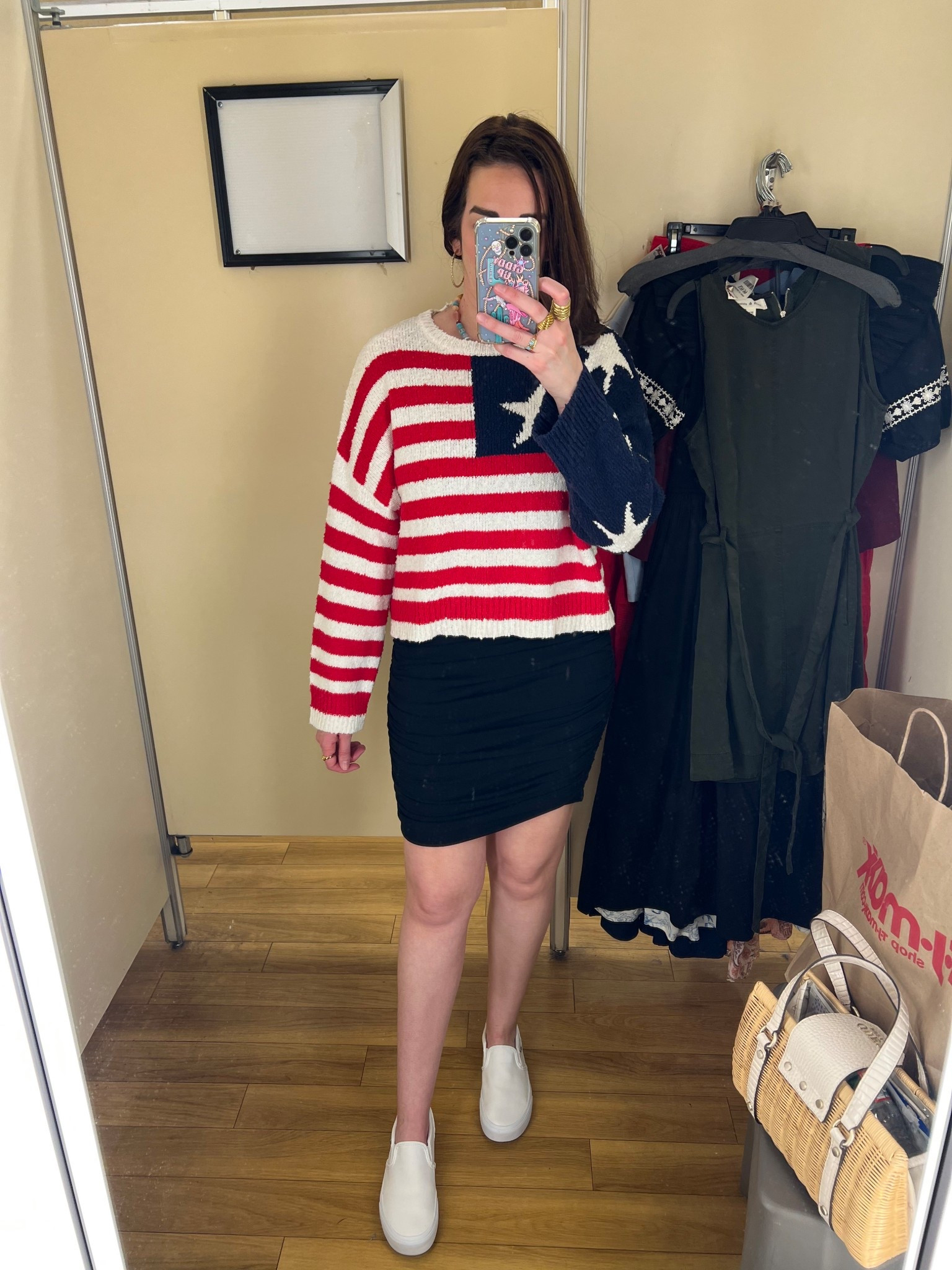 American Flag Sweater (medium). Black sleeveless ruched dress (small). #summeroutfit #summerstyle #sweater #sweaters #americanflag #americanflagsweater #blackdress #dress #dresses #rucheddress #sleevelessdress 

#LTKStyleTip #LTKFindsUnder100 #LTKSummerEdit