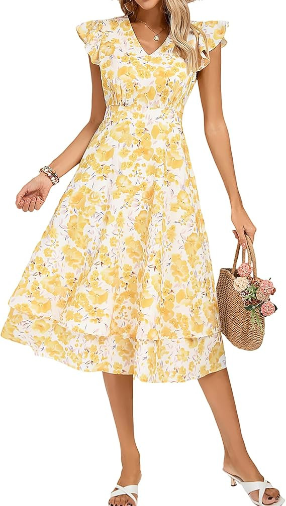 Kate Kasin Womens Dresses Summer Short Sleeve Ruffle Floral V Neck Flowy Aline Casual Tiered Wedd... | Amazon (US)