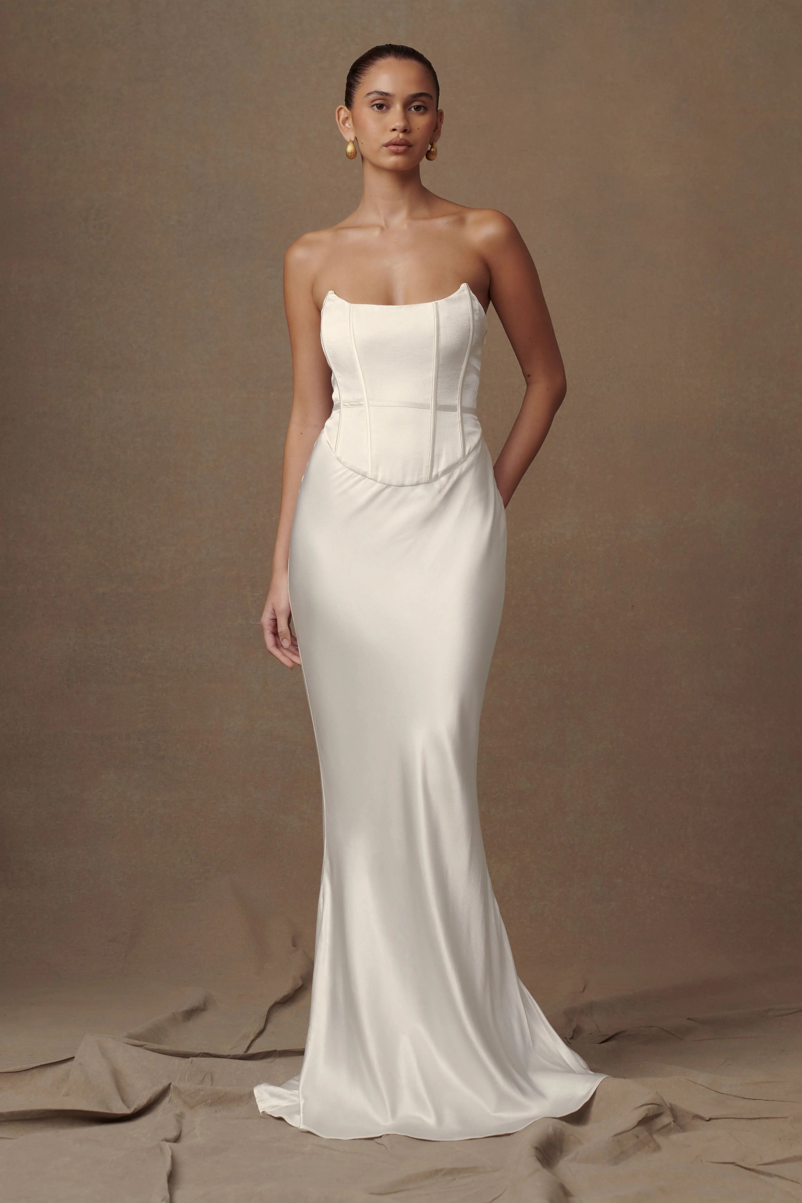 Harlow Satin Strapless Maxi Dress - Ivory | MESHKI US