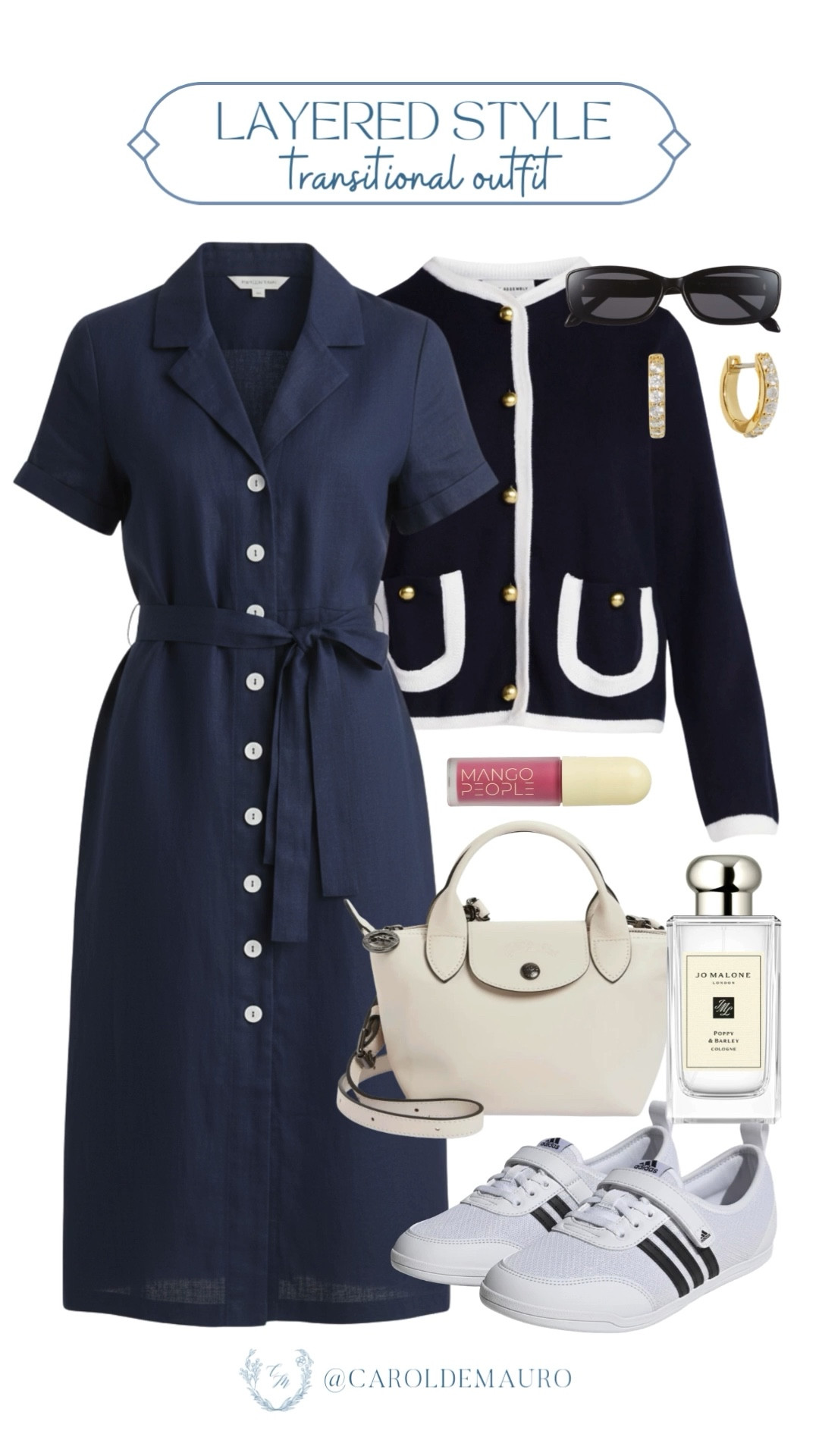Transition through the seasons by layering a chic navy cardigan over a classic button-down midi dress! Finish off your polished look with white sneakers, a cream crossbody bag, and a spritz of Jo Malone cologne.

casual outfit, work to weekend, brunch date, clean girl aesthetic, cardigan weather, spring fashion, petite style

#LTKootd #LTKU #LTKSeasonal
