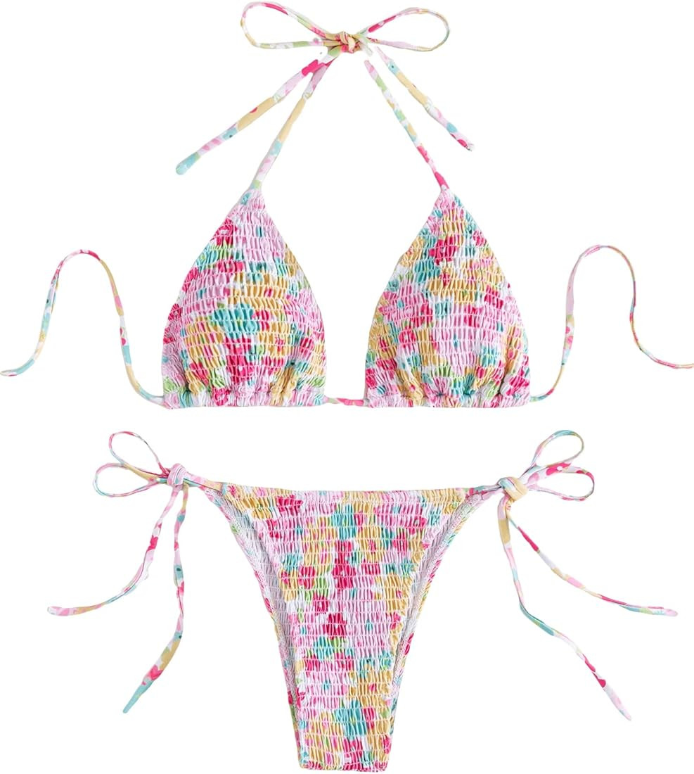 Cozyease Women's 2 Piece Floral Bikini Sets Smocked Drawstring Side Triangle Halter Sexy Cute Swimsu | Amazon (US)