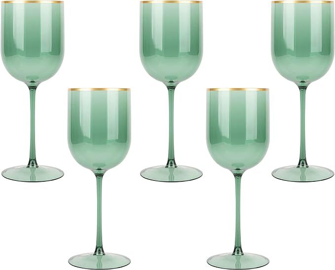 PLASTICPRO Green Wine Cup with Gold rim Plastic Wine Glasses Set of 5 Elegant Wine Goblets Hard P... | Amazon (US)