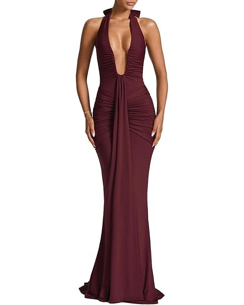Women Deep V Neck Ruched Maxi Dress Sleeveless Halter Gown Cocktail Evening Formal Dresses | Amazon (US)
