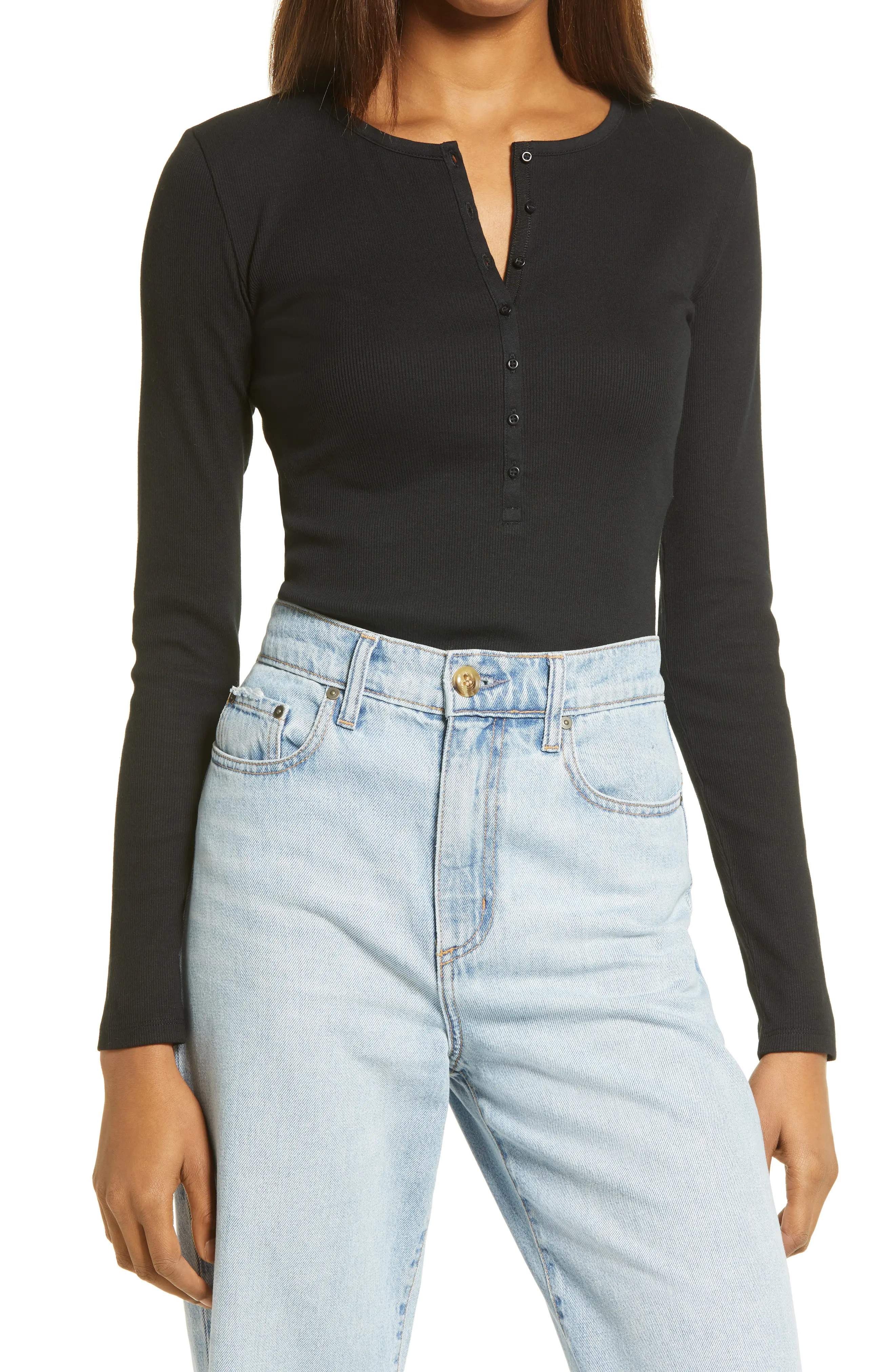 Women's Ninety Percent Ribbed Long Sleeve Henley, Size Large - Black | Nordstrom