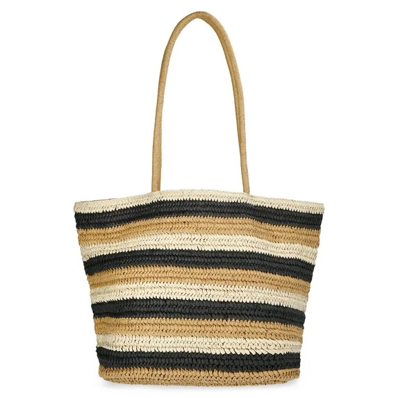 Time and Tru Women's Striped Straw Tote Bag, Natural | Walmart (US)