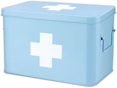 Flexzion First Aid Box Organizer Empty 13" Blue Vintage First Aid Kit Tin Metal Medical Box - Fir... | Amazon (US)