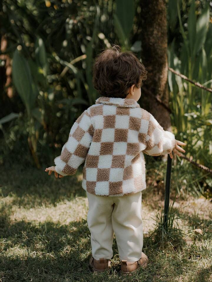 SHEIN Vintaside Kids Baby Boy Plaid Print Zip-Up Long Sleeve Fuzzy Jacket, Autumn/Winter | SHEIN