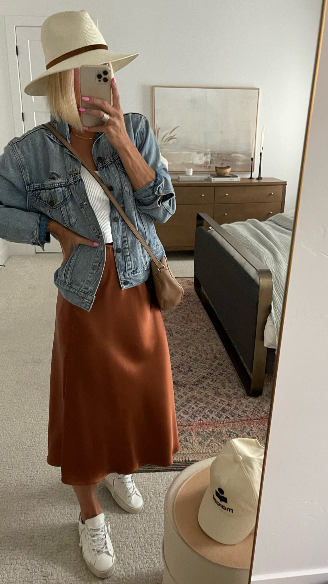 Summer to Fall look. Amazon slip skirt! Quality & fit is GOOD!
Oversized denim jacket, rancher hat, golden goose, white sneakers 


#LTKover40 #LTKSeasonal #LTKFind
