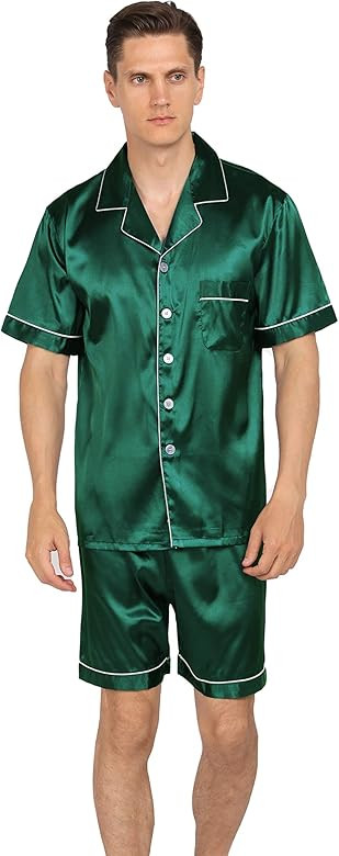 YIMANIE Mens Silk Satin Pajamas Set Short Sleeve and Shorts Classic Sleepwear Loungewear… | Amazon (US)