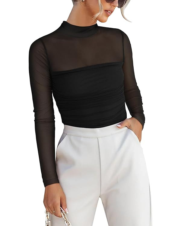 ANRABESS Womens Sexy Mesh Long Sleeve Shirts Trendy Mock Neck Sheer Ruched Going Out Tops Fall Sl... | Amazon (US)