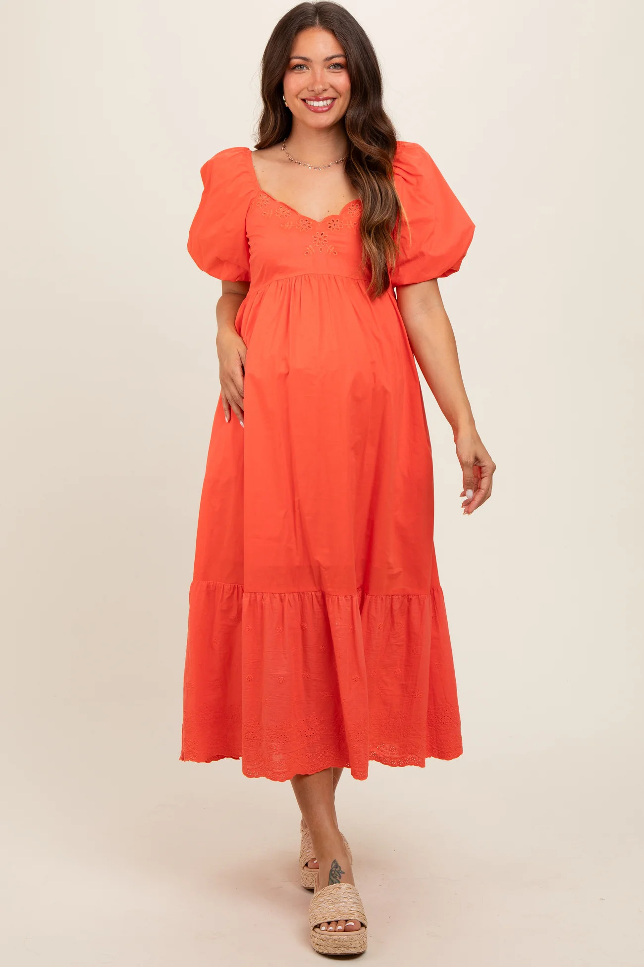 Coral Eyelet Scalloped V-Neck Short Puff Sleeve Maternity Midi Dress | PinkBlush Maternity
