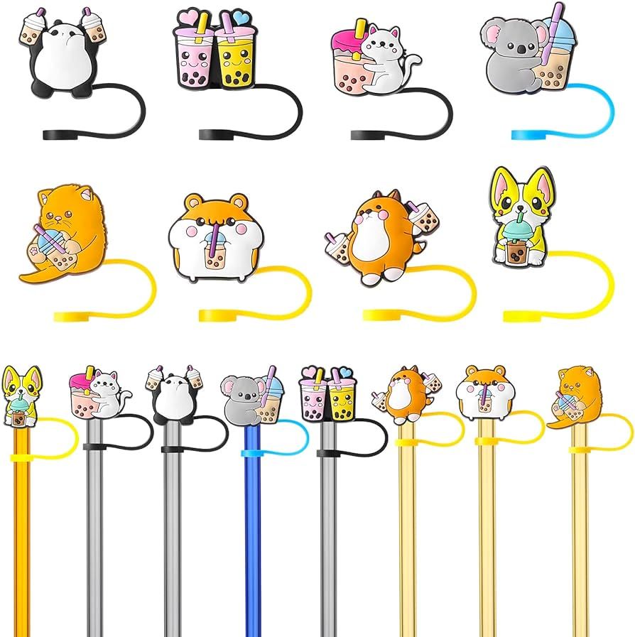 8Pcs Animals Drinking Milk Tea Sili-cone Straw Covers Cute Dust-Proof Hamster Koala Straw Toppers... | Amazon (US)