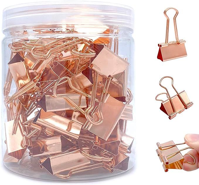 50Pcs Rose Gold Binder Clips, Paper Binder Clips Medium Size, Metal Fold Back Clips with Box for ... | Amazon (US)