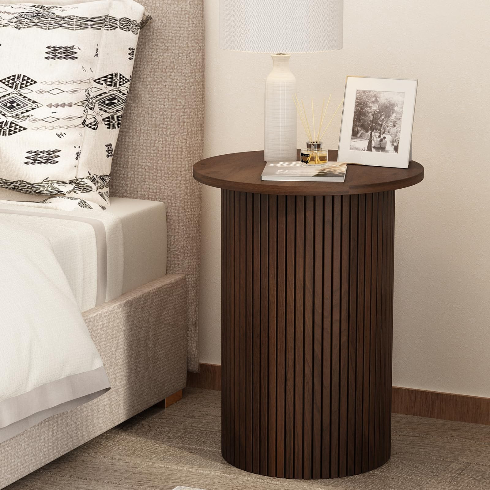 Wnutrees Round Fluted End Table, Small Accent Pedestal Side Table, Wood Fluted Nightstand Bedside... | Amazon (US)
