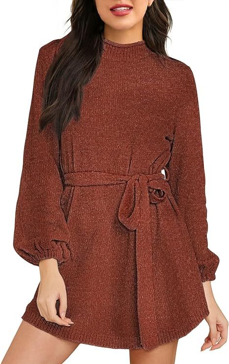 HAPCOPE Women's 2023 Fall Winter Elegant Chenille Sweater Dress Mock Neck Long Sleeve Short Dress... | Amazon (US)