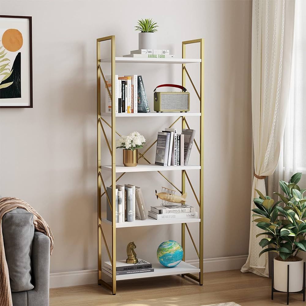 YITAHOME 5 Tiers Gold Bookshelf, Modern Bookshelf, Book Rack, Storage Rack Shelves in Living Room... | Amazon (US)