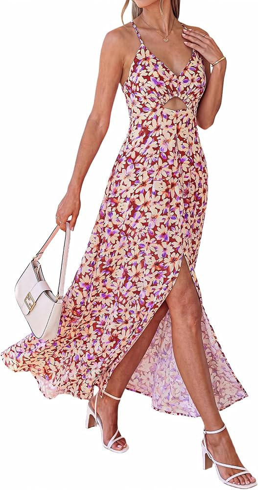 BTFBM Summer Dresses for Women 2026 Spring Floral Spaghetti Strap Smocked Cutout Maxi Dress Resor... | Amazon (US)