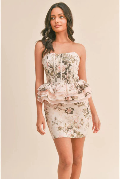 Mary Kate Floral Print Corset Ruffle Peplum Dress | Pippa & Pearl