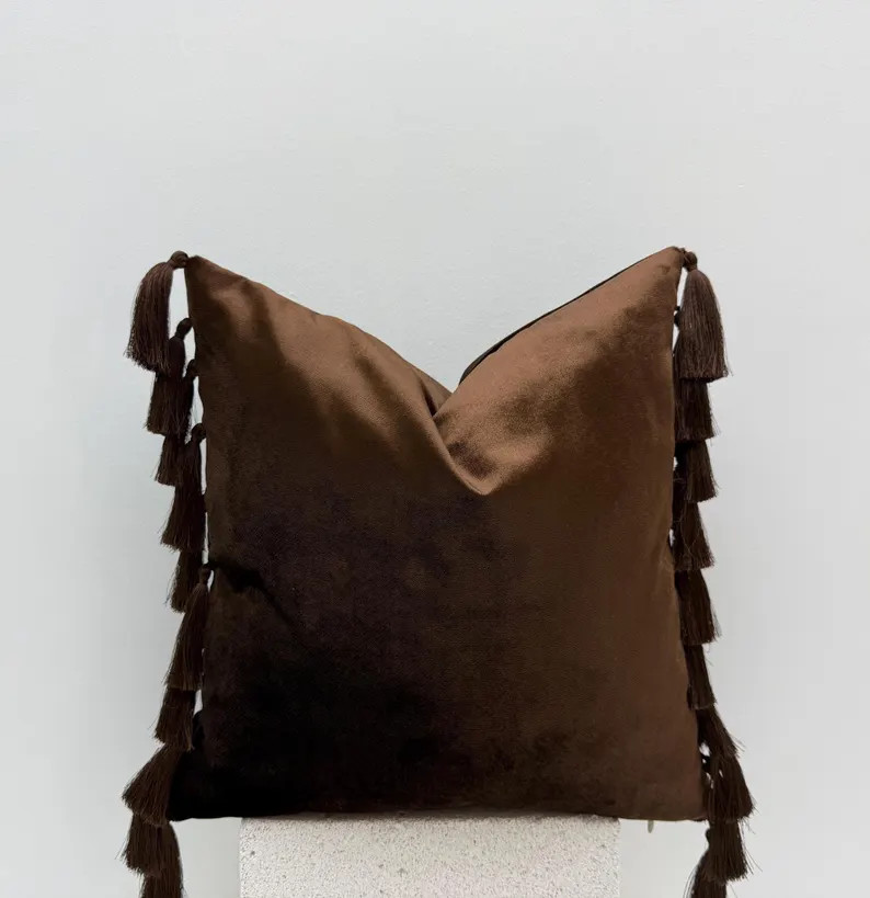 Chocolate Brown Velvet Throw Pillow with Tassels, Boho Fringe Cushion Cover, Decorative Accent Pi... | Etsy (US)