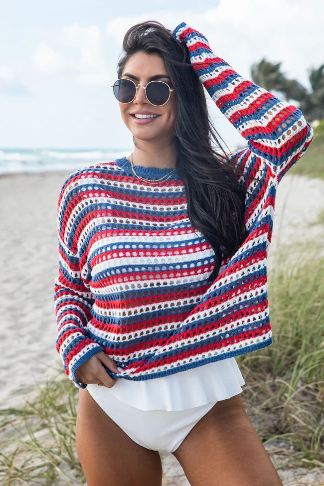 Chasing Rainbows Red and White and Blue Striped Crochet Sweater | Pink Lily