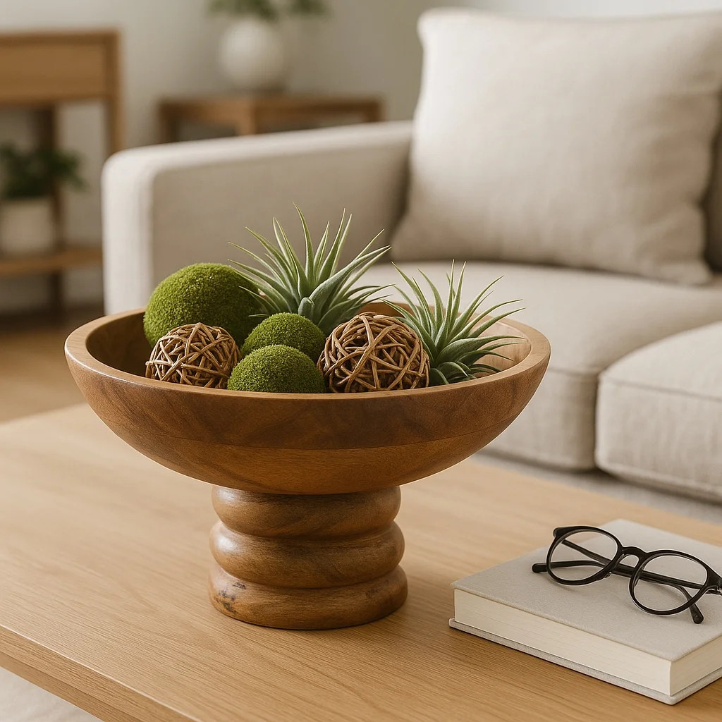 Decorative Round Wood Bowl with Ribbed Base for Coffee Table - Modern Centerpiece Table Decoratio... | Walmart (US)