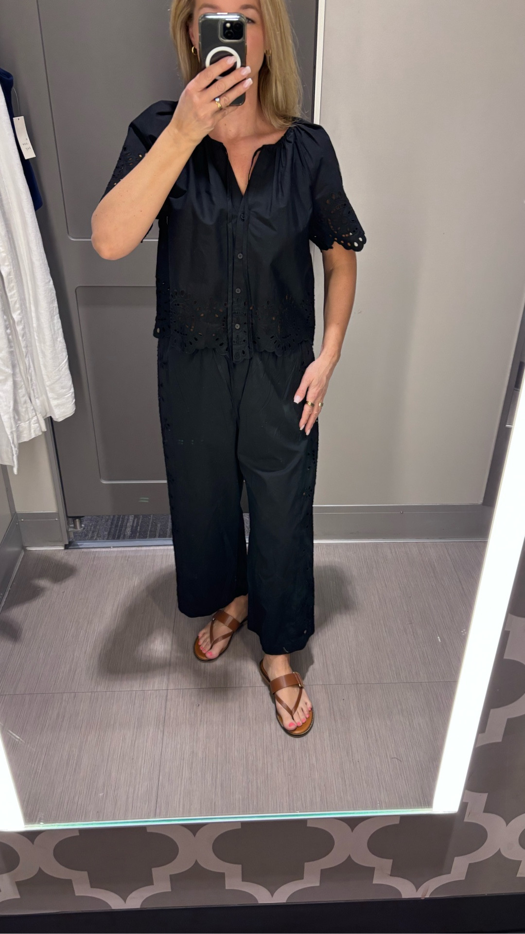 Short sleeve v-neck button front eyelet blouse and straight leg eyelet pull on pants 
100% cotton

Lightweight fabric and do perfect for summerr




#LTKPetite #LTKspring #LTKspringtrends