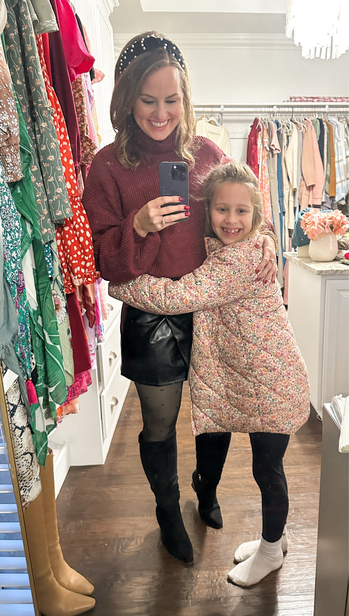 Amazon fashion finds!!! Loving this faux leather wrap skirt, cropped turtleneck sweater, fleece lined tights with heart detail and black knee-high boots. Wearing size m in all except l/xl in tights (recommend sizing up one). Boots run true to size. My daughter’s floral puffer jacket is from Amazon and it’s fleece lined on bodice and the pockets. Comes with detachable fur hood. All come in a ton of colors. 
Valentine’s Day outfit, valentines dinner or date night look

#LTKKids #LTKFamily #LTKSeasonal