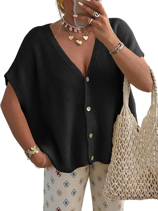 NEWHER Womens Batwing Short Sleeve Cardigans Sweaters Tops Spring Summer 2026 Oversized V Neck Bu... | Amazon (US)