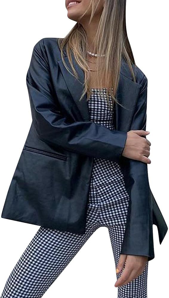 Womens Faux Leather Jacket Shacket Long Sleeve Oversized Blazer Button Down Pocket Solid Coat | Amazon (US)