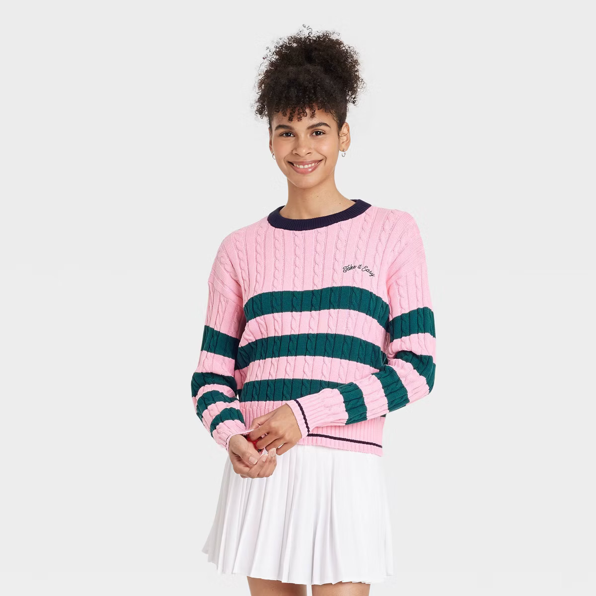 Women's Striped Cable Knit Pullover Sweater - All In Motion™ Pink S | Target