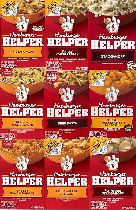 Hamburger Helper Variety Pack of 9- Crunchy Taco, Philly Cheesesteak, Stroganoff, Cheesy Hashbrow... | Amazon (US)