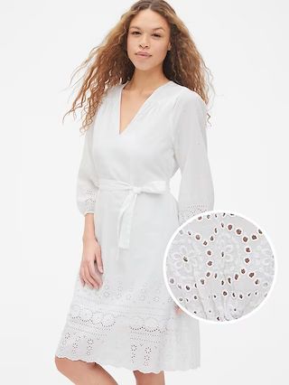 Eyelet Embroidered Long Sleeve V-Neck Midi Dress | Gap US