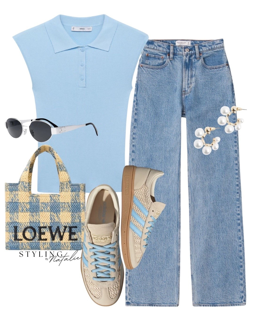 Blue knitted polo top, high waist straight leg jeans, raffia Adidas Spezial trainers, Loewe tote bag, Celine sunglasses & pearl hoop earrings. Summer outfit, casual style 

#LTKuk #LTKsummer #LTKstyletip